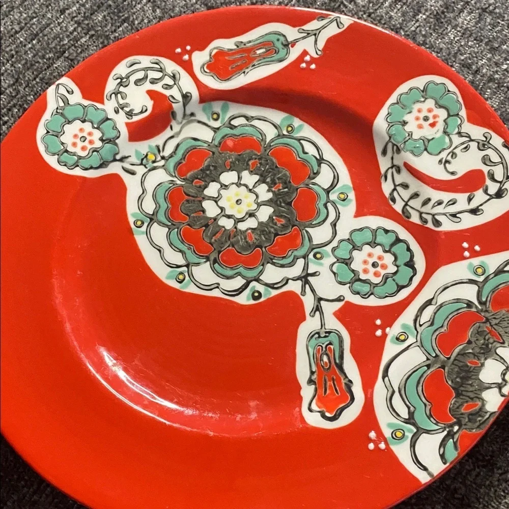 Anthropologie Vibrant Red Decorative Plate with Floral Design. Set of 5.